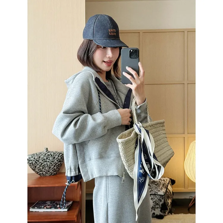 【唐悠悠mgdm】长绒棉空气层撞色开衫连帽抽绳卫衣外套女
