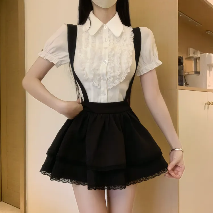 IQCQ轻奢定制花边拼接显瘦法式甜美夏季短袖可拆卸背带裙裤两件套