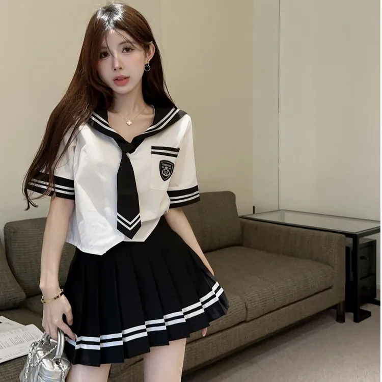 夏季学院风jk制服套装女洋气海军领甜美短袖衬衫高腰半身裙两件套