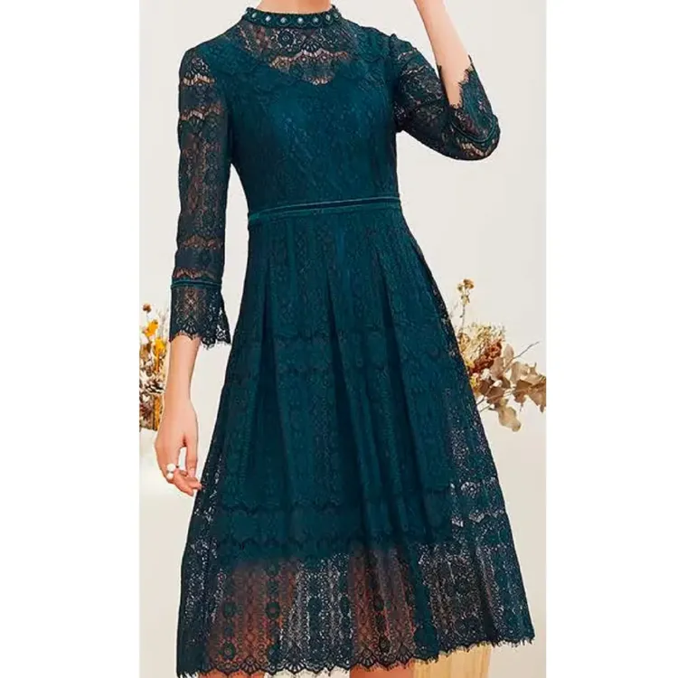 新款秋季九分袖长袖连衣裙中长款裙子合集收腰时尚蕾丝提花