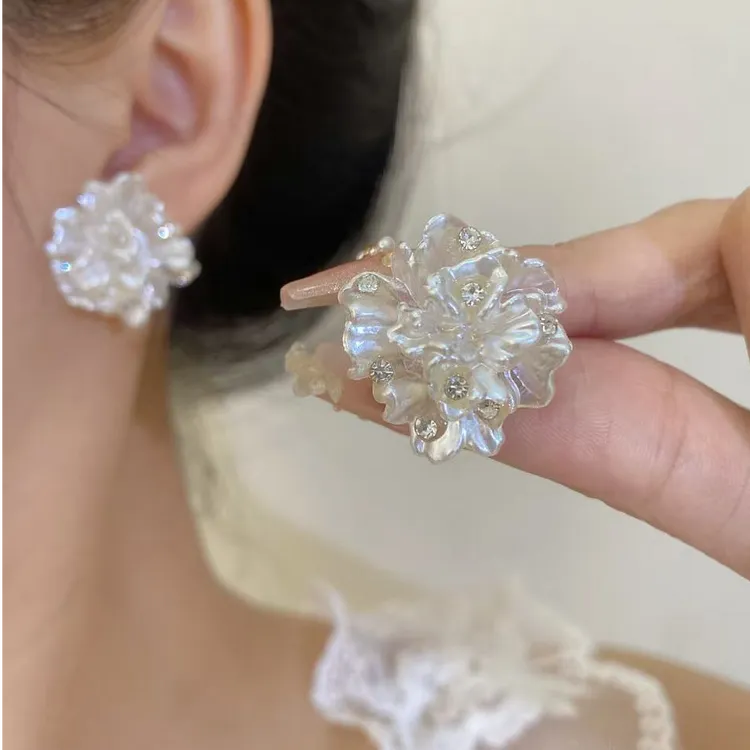 檀亿 铜合金耳饰 丝绸之路白色锆石手工花朵简约甜美小众优雅耳钉