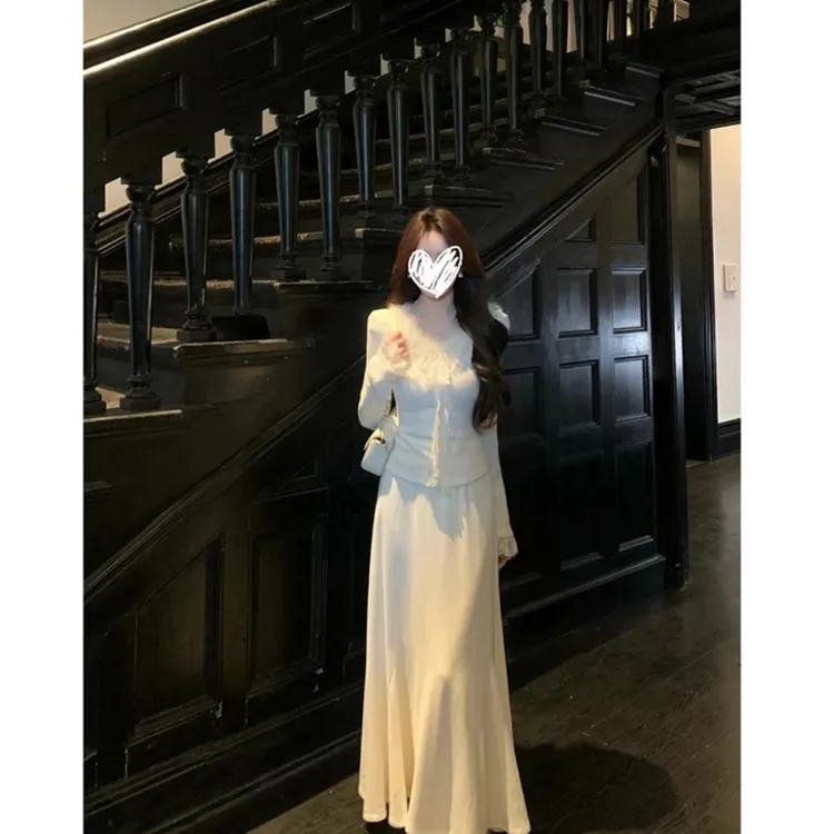 秋冬新款奶雾绒纱法式温柔雪绒莓莓千金气质蕾丝花边长袖针织套装