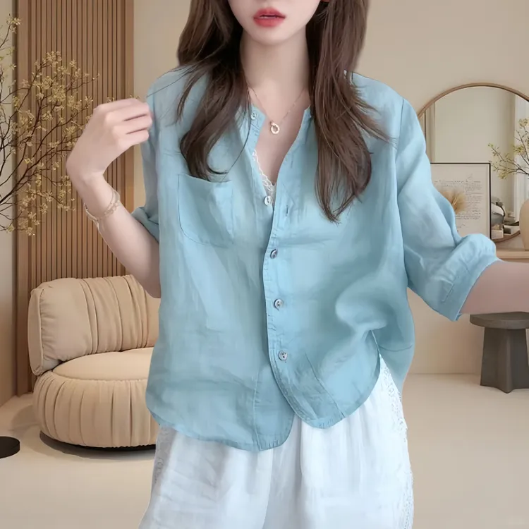 2025夏季薄款洋气时尚百搭上衣休闲通勤宽松彩色扣简约中袖衬衫女