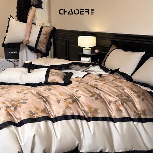 巢尔【莫妮卡】法式复古花边长绒棉纯棉四件套全棉印花被套床单