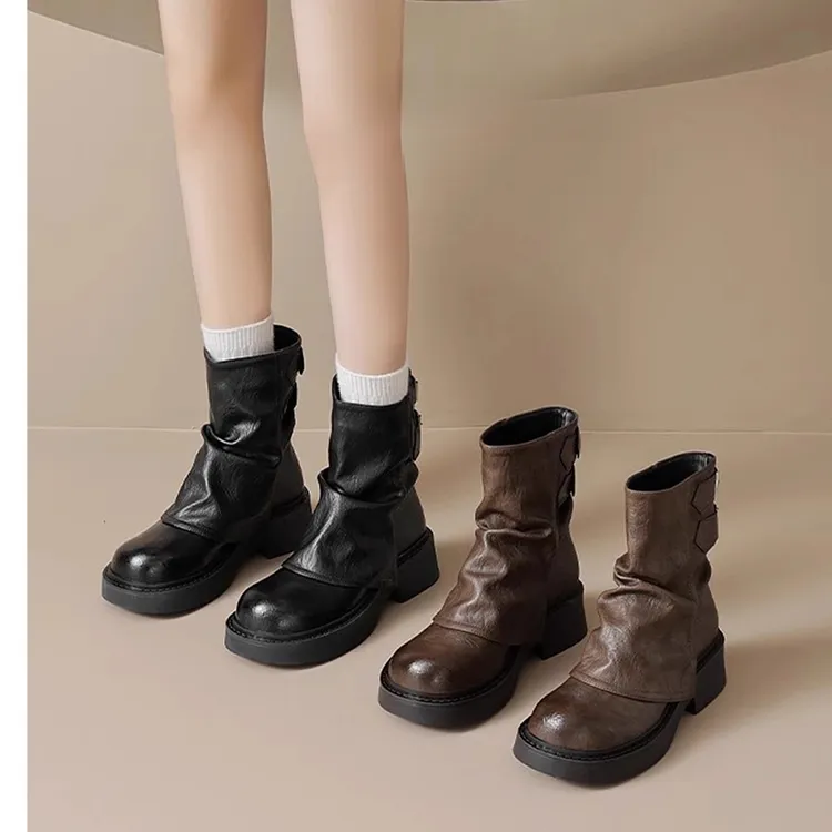 卓诗尼芙妮百搭厚底短靴女新款秋冬复古棕色炸街英伦风鞋子马丁靴