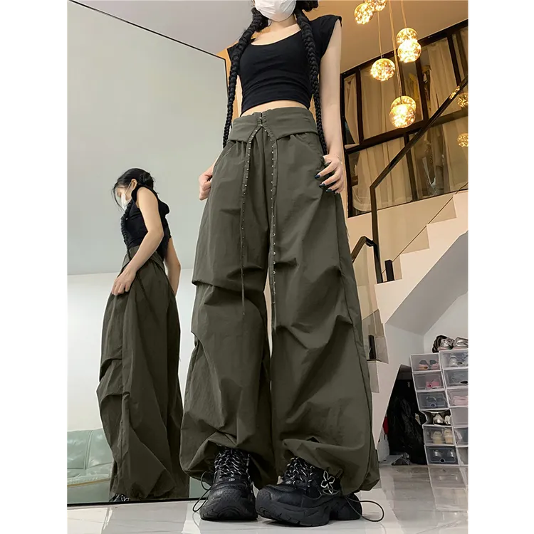 美式复古辣妹翻腰可调节腰围阔腿裤女夏季新款气质高腰显瘦工装裤