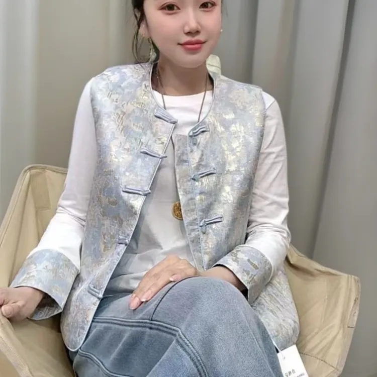 中式国风马甲背心2025气质新款盘扣时尚春秋复古纯棉提花上衣