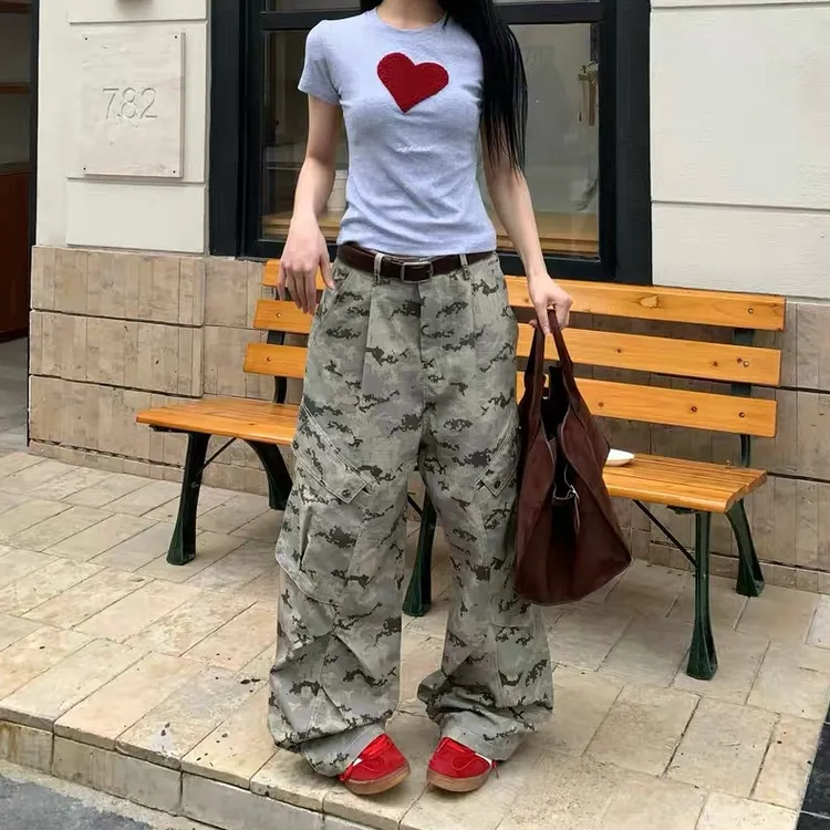 美式复古迷彩工装弯刀牛仔裤男女ins多口袋街头显瘦拖地阔腿长裤