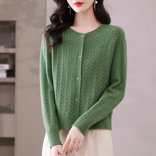 毛针织衫长袖女洋气百搭秋季新款开衫外套短款纯色圆领上衣通勤风