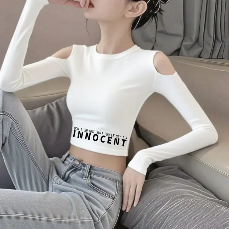 纯棉白色印花半高领长袖打底衫女内搭新款春秋短款洋气正肩上衣潮