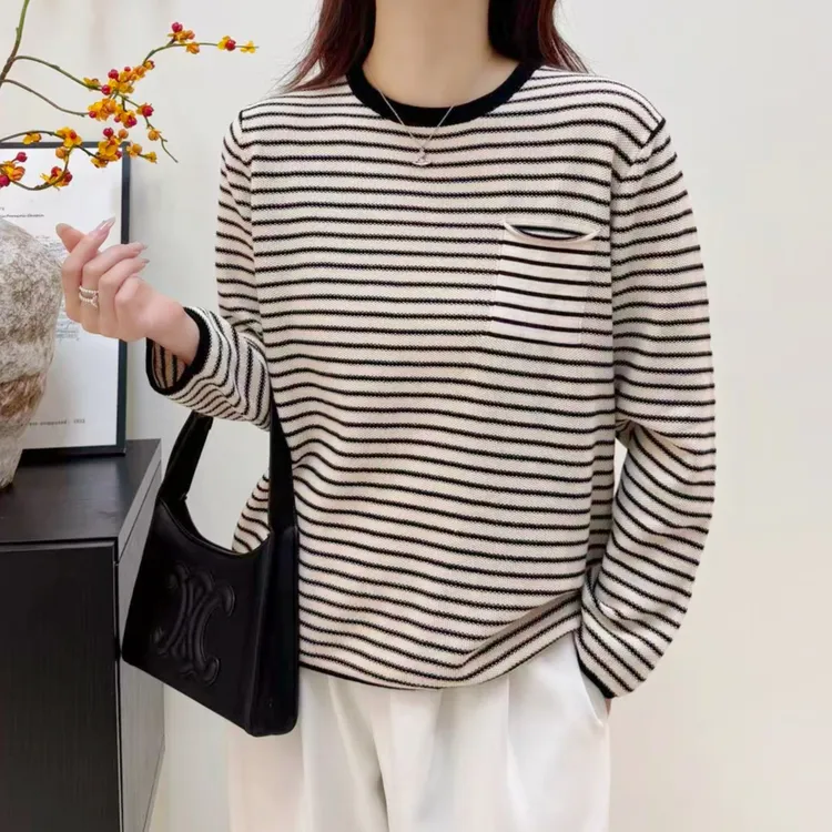 【100%纯棉】条纹圆领套头长袖针织衫早秋女士百搭宽松休闲上衣