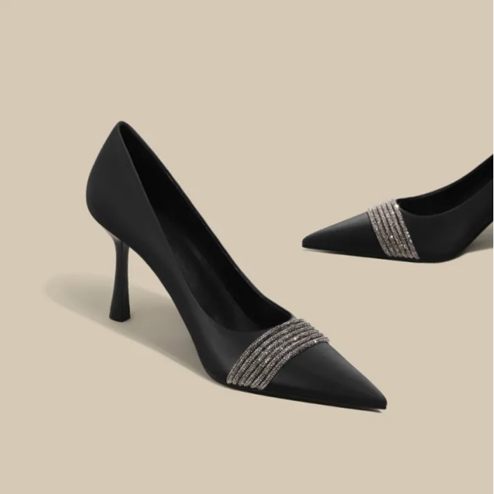 Moleubak法式气质尖头单鞋女绝美细跟高跟鞋水钻名媛宴会鞋7cm