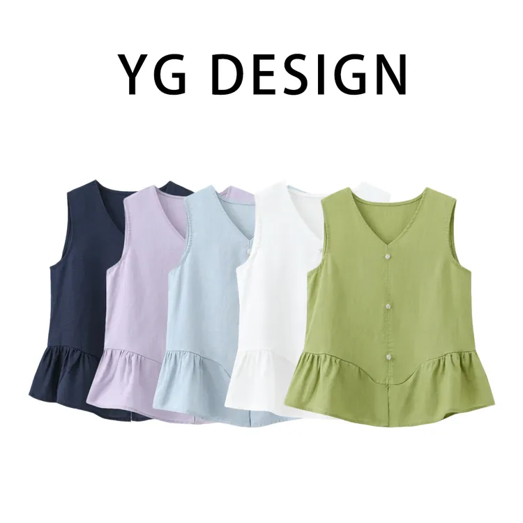 YG2656奶芙荷叶边麻感V领小衫