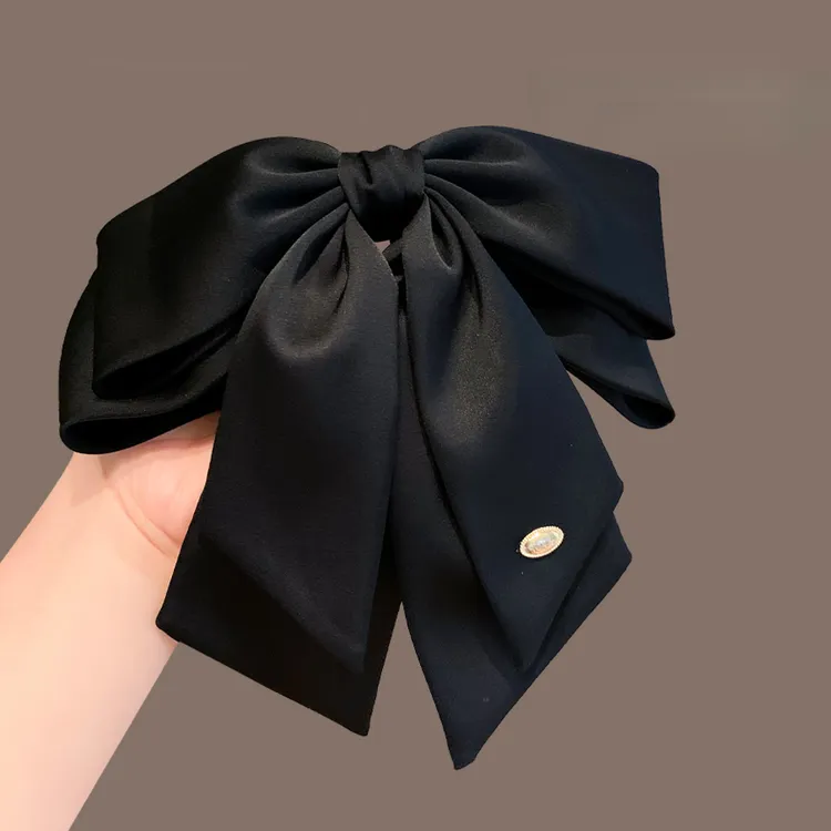 缎面高级感黑色蝴蝶结马尾抓夹法式气质金标字母盘发顶夹半扎发卡