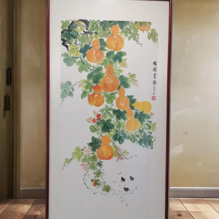 国画带框葫芦五福临门福禄图竖幅玄关餐厅茶室挂画