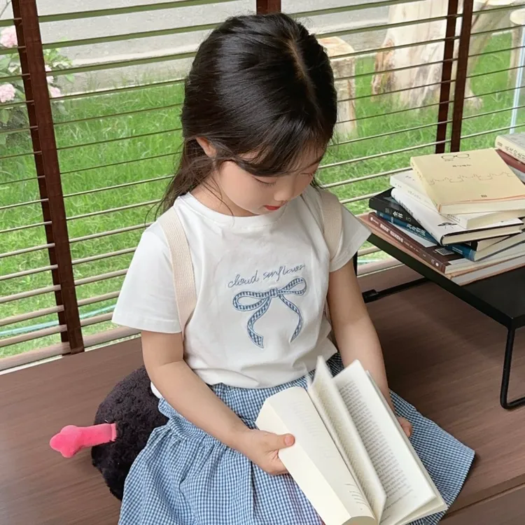 【云朵小葵】女童夏季蓝色格子蝴蝶结短袖半裙三件套252133