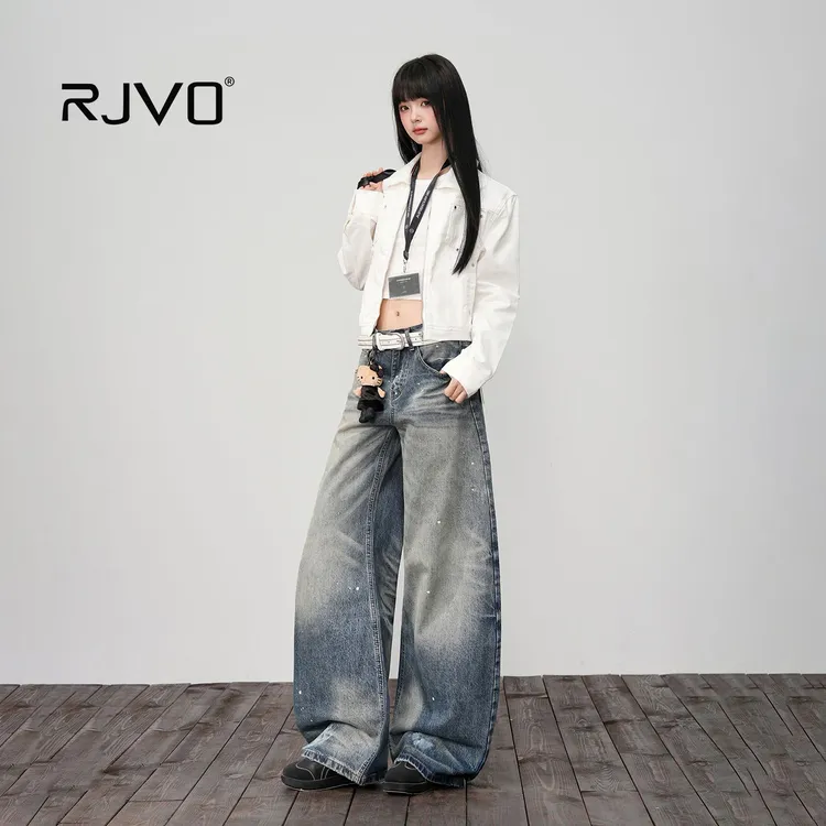 RJVO新款复古高街水洗泼墨小弯刀牛仔裤宽松阔裤女