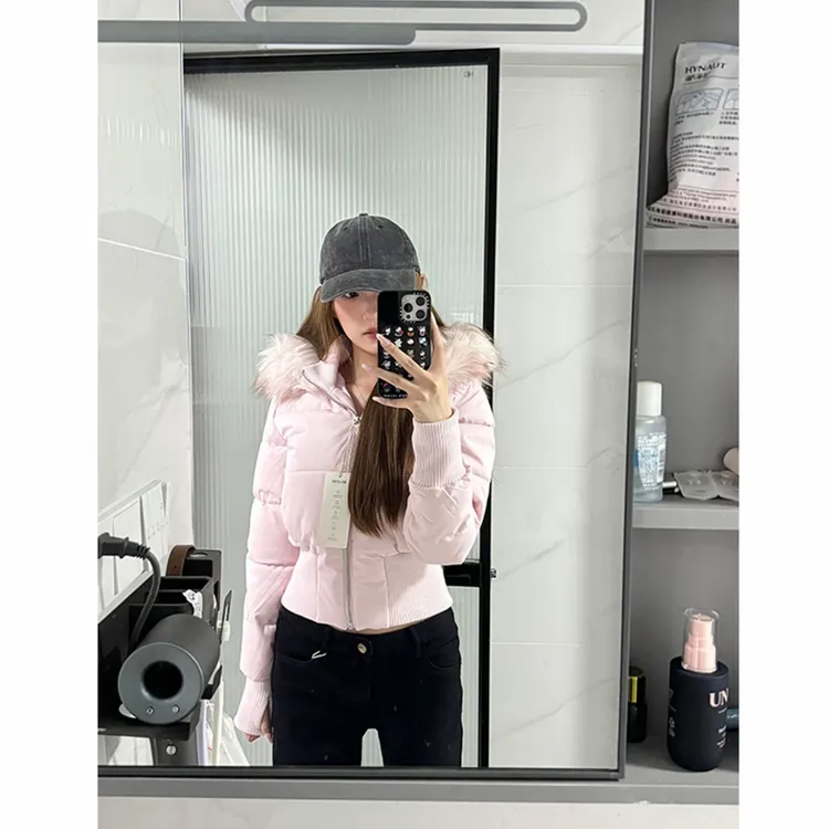 2025秋冬新款美式辣妹毛领连帽棉服时尚高级感收腰显瘦外套D849