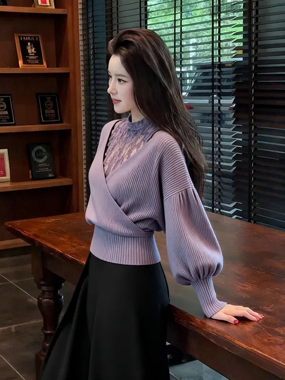 秋冬新款气质轻熟风套头毛衣财阀千金女装香芋紫假两件拼接针织衫