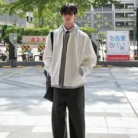 JY246高级感宽松夹克男士拼接假两件小香风翻领外套