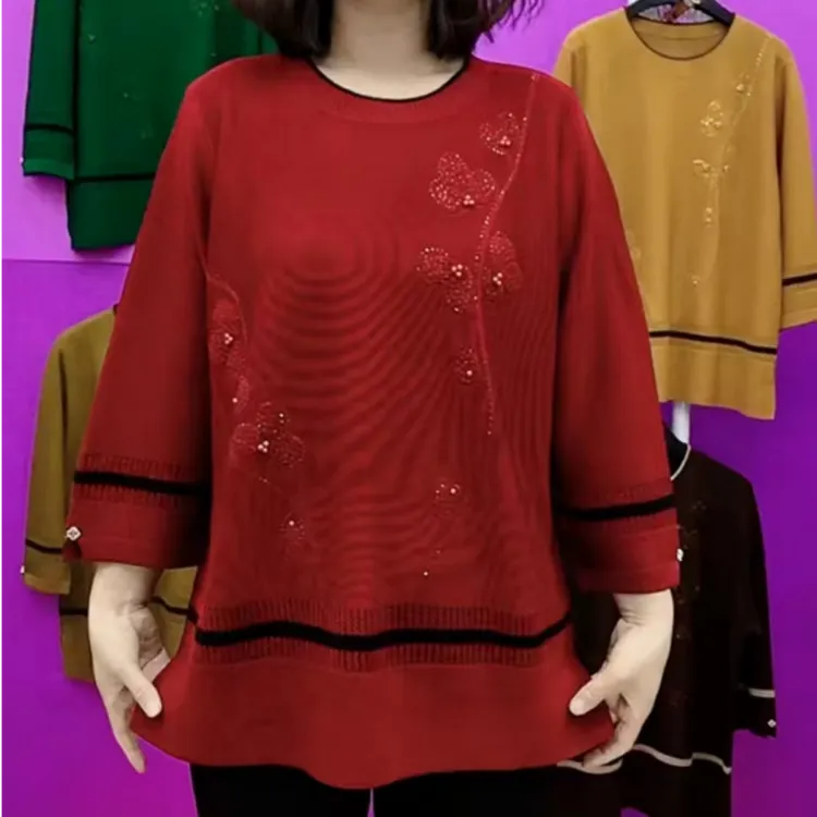 春季新款九分袖女士针织衫时尚妈妈高档气质百搭拼接提花圆领毛衣