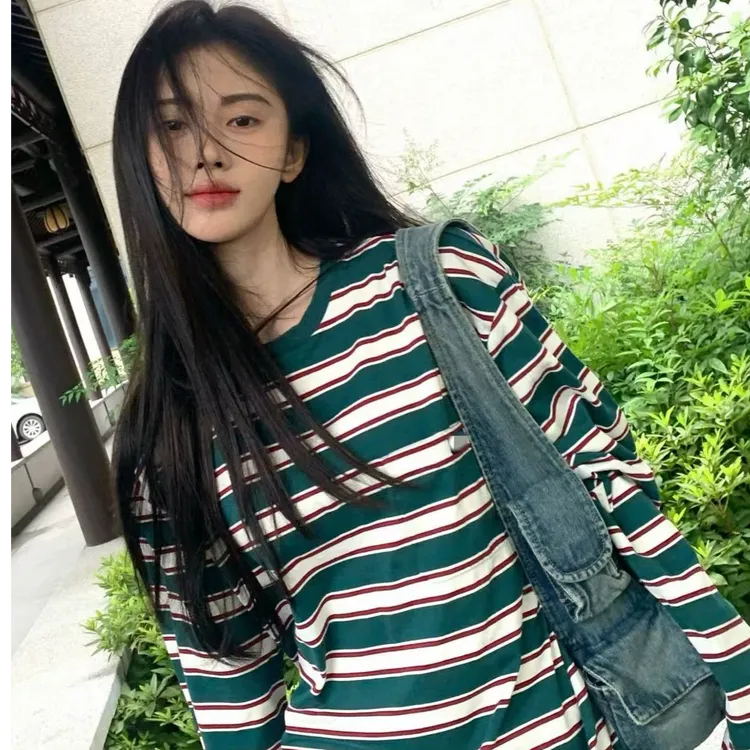 小鞠同款绿色条纹长袖T恤早秋新款撞色休闲款式上衣