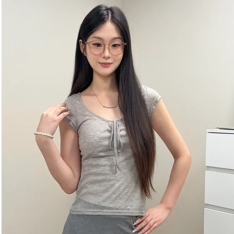 性感纯欲风U领绑带百搭小众设计感短袖T恤女夏季新款收腰显瘦上衣