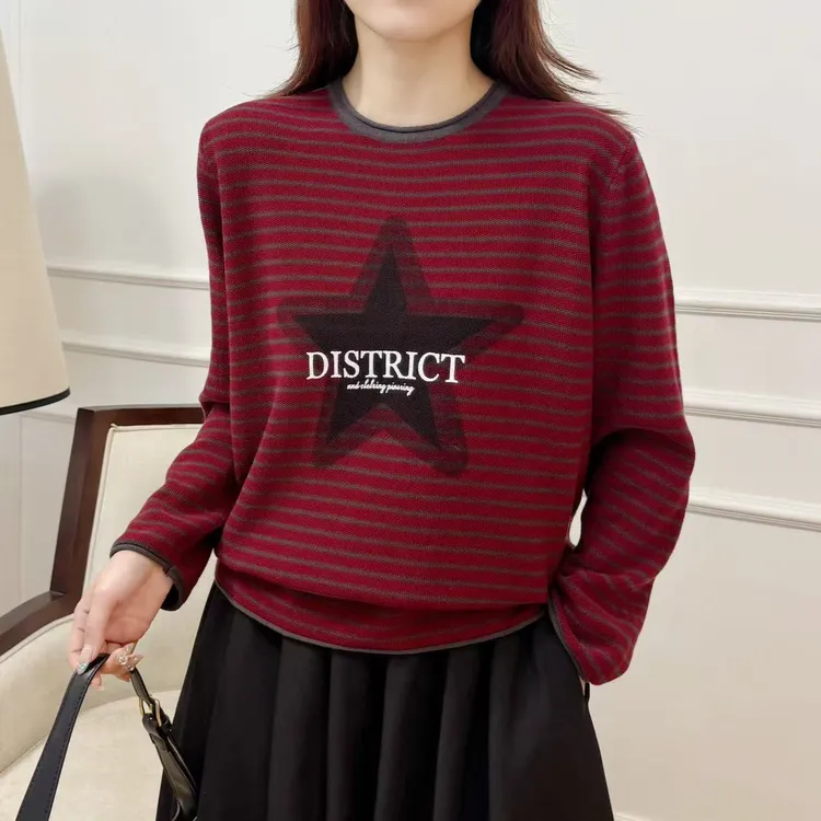 100%纯棉线五角星圆领条纹长袖针织衫秋季新款休闲百搭宽松显瘦