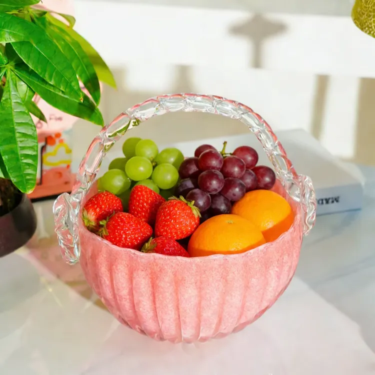 【子野专属】轻奢樱花粉琉璃提篮大号高级家用桌面落地摆件手工法式提篮单只装