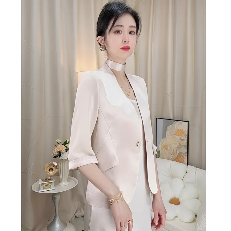 2502醋酸鎏光锻拼接美菱麻西装短外套夏季高端女装气质显瘦七分袖