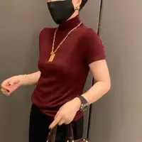 气质半高领螺纹短袖T恤女春秋新款修身显瘦内搭打底衫ins正肩上衣