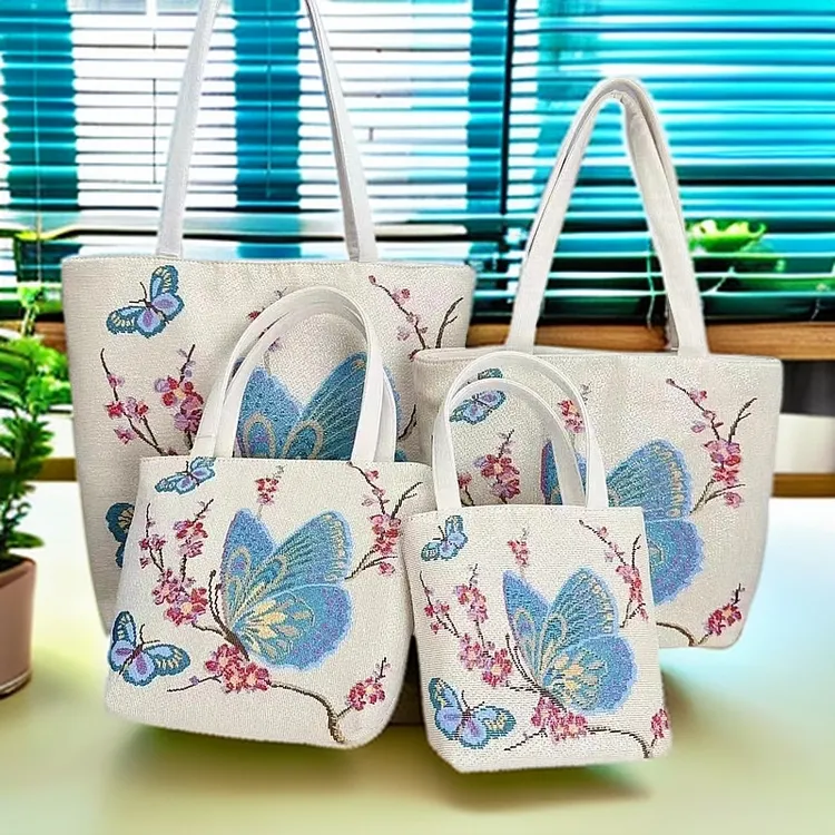 梅花蝴蝶针织刺绣金丝线双面时尚女士单肩手提包