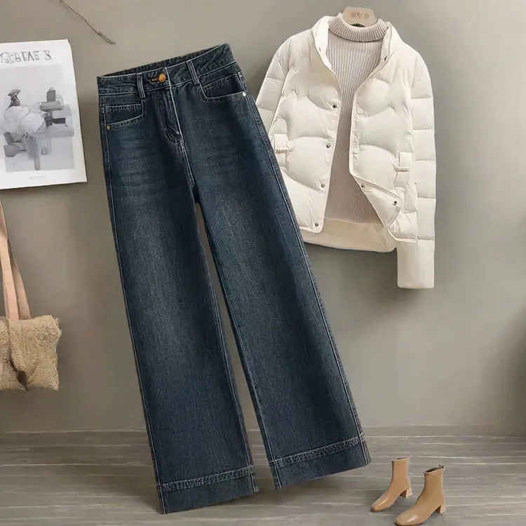 高端冷茶色牛仔裤女2025秋冬季加绒新款高腰小个子九分直筒阔腿裤