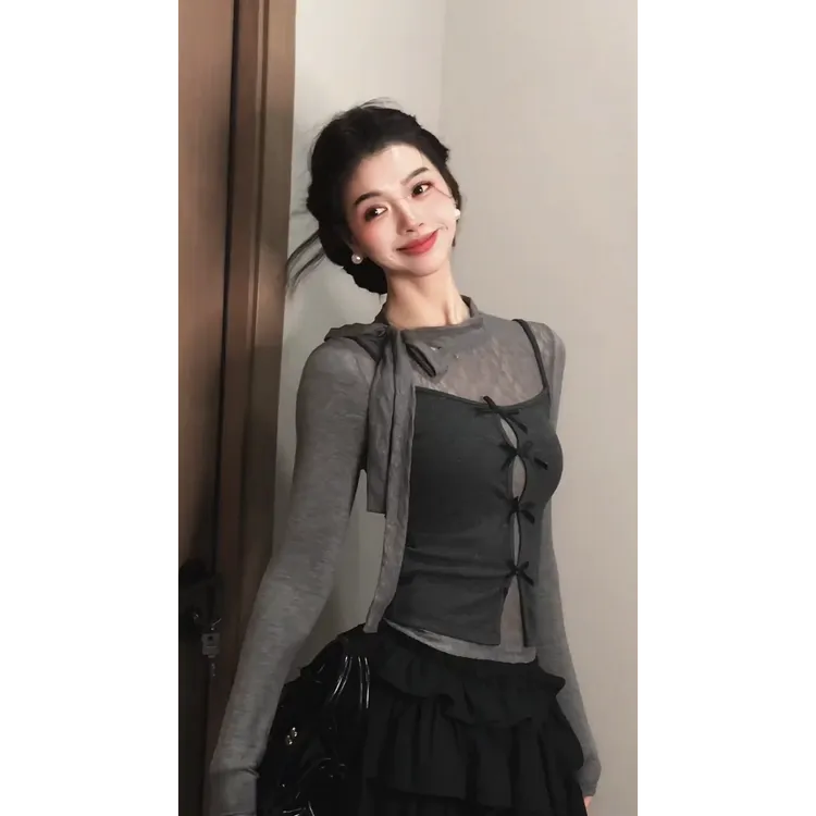 法式气质灰色假两件蝴蝶结上衣早秋新款小个子甜美减龄蓬蓬短裙子