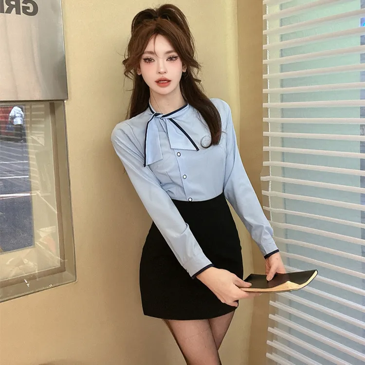 职业装蓝色长袖衬衫女秋季新款前台接待工作装工作服包臀裙套装