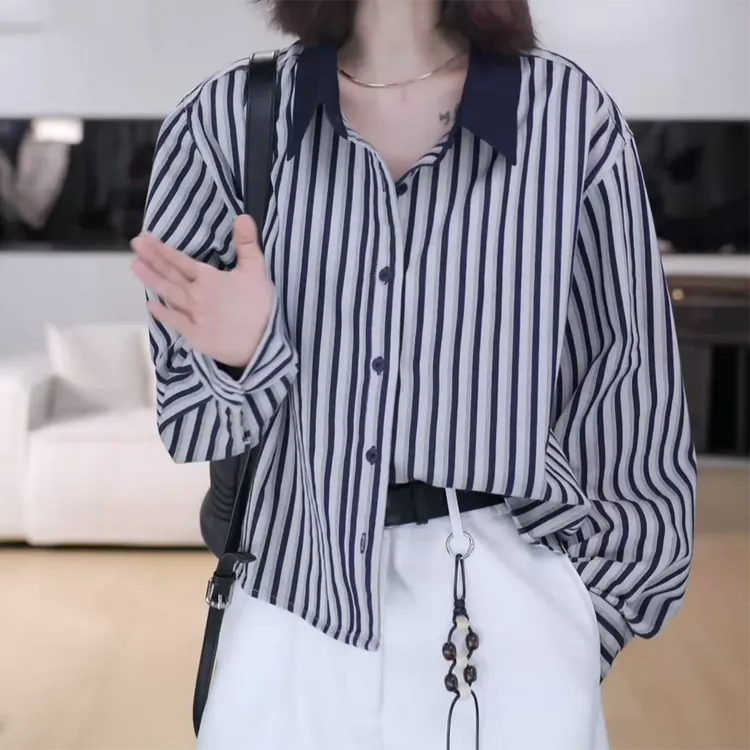 秋季新款条纹衬衫设计感撞色衬衫领上衣C6177