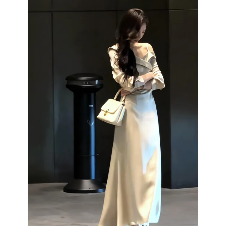 法式时尚优雅高级感斜肩长袖连衣裙女春季收腰显瘦露肩气质长裙子