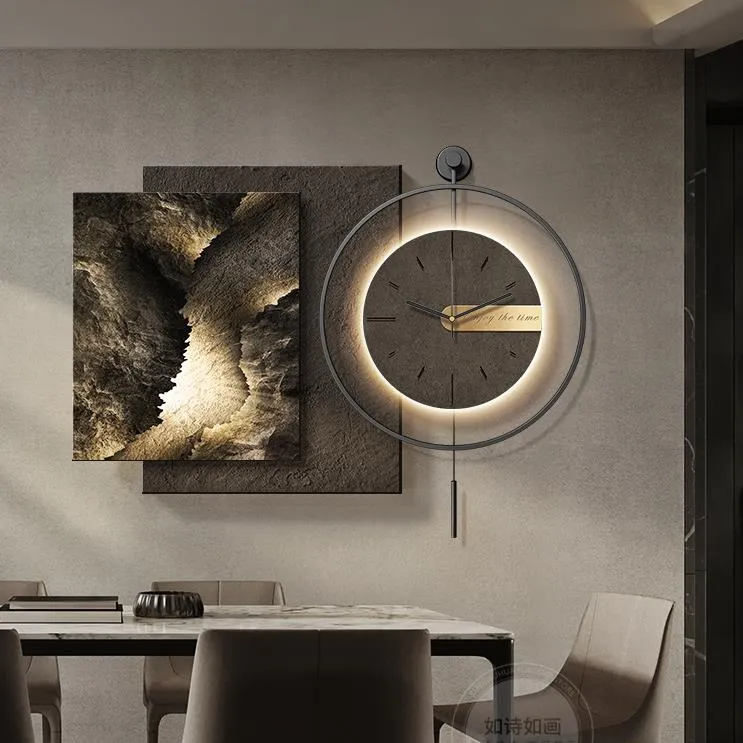 抽象餐厅装饰画现代轻奢高级感餐桌背景墙钟表挂画立体砂岩肌理画