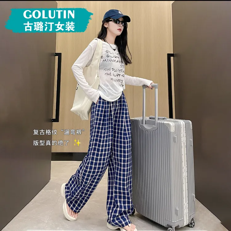 「Golutin古璐汀」复古格纹阔腿裤女高腰拖地长裤韩版直筒休闲裤