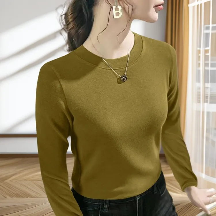 秋冬双面绒上衣大码长袖百搭显瘦保暖秋衣洋气女士内搭圆领打底衫