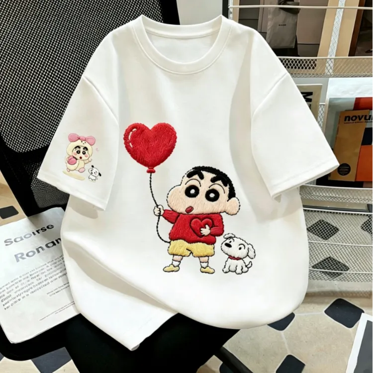 爱心蜡笔小新~夏季百搭100纯棉中大童短袖T恤韩版宽松亲子系