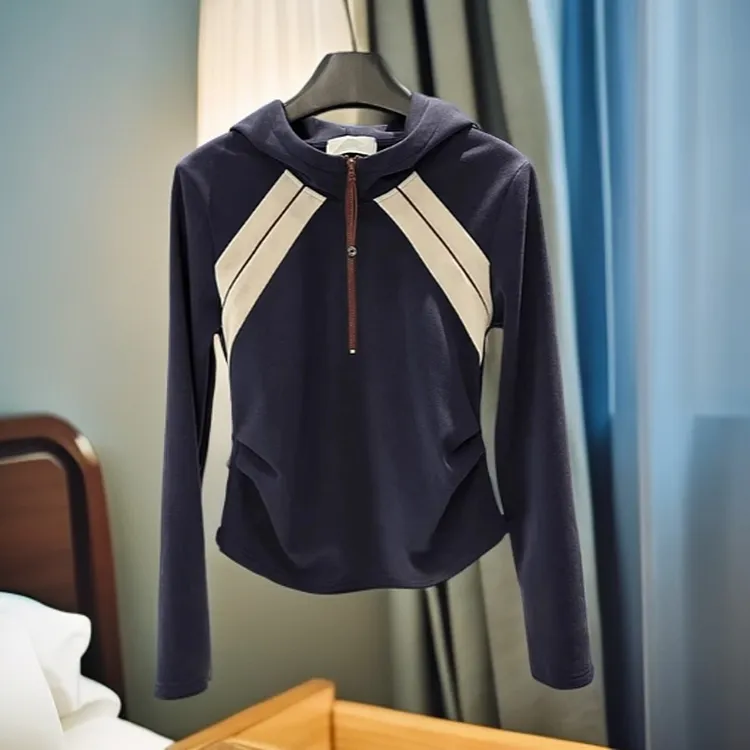 连帽插肩袖拼色短款上衣2025秋季新款胖MM大码时尚显瘦百搭卫衣女