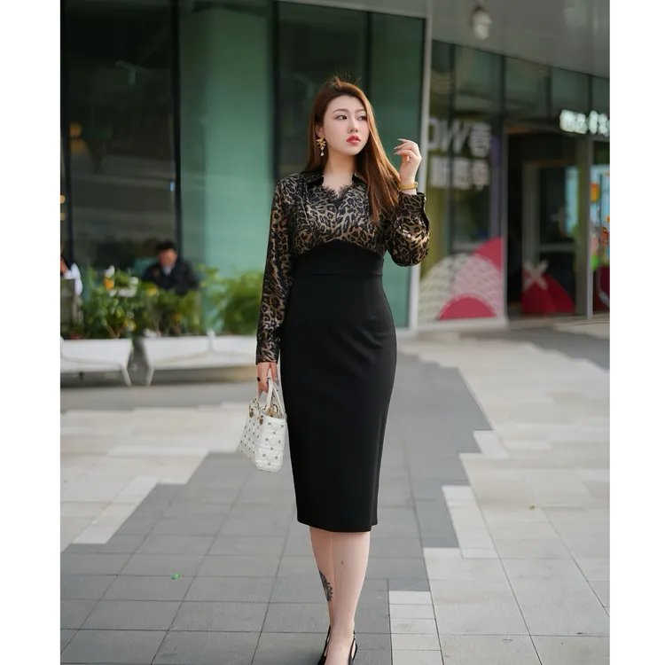 XYD71396气场女王新纹拼接优雅显瘦高级性感小众大码女装连衣裙