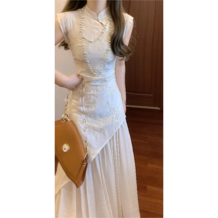 新中式国风清冷感刺绣拼接改良旗袍连衣裙收腰气质长裙9330