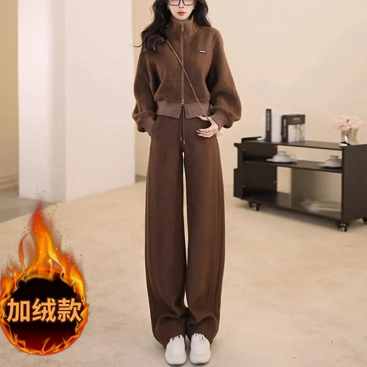 美拉德风休闲运动时尚套装女秋冬新款加绒立领卫衣阔腿裤两件套