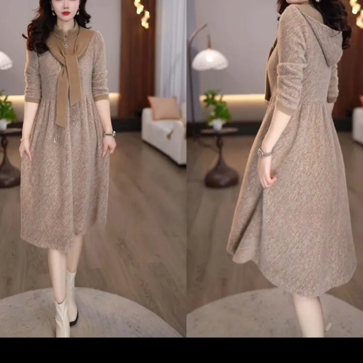 2025秋冬新款灰色连帽可拆卸围巾领简约优雅时尚显瘦连衣裙M-4XL