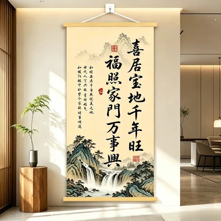 正品【喜居宝地千年旺】客厅玄关书房背景墙无纺布装饰画实木挂画商品图