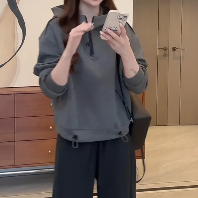 小众百搭小个子线条半拉链连帽卫衣2025新款简约宽松减龄长袖上衣
