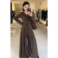 大码法式优雅气质淑女长袖V领小衫显瘦松紧腰套装6369