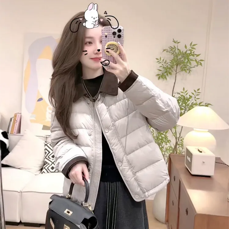 冬季新款撞色翻领羽绒棉服外套女2025宽松百搭白鸭绒加厚保暖棉衣